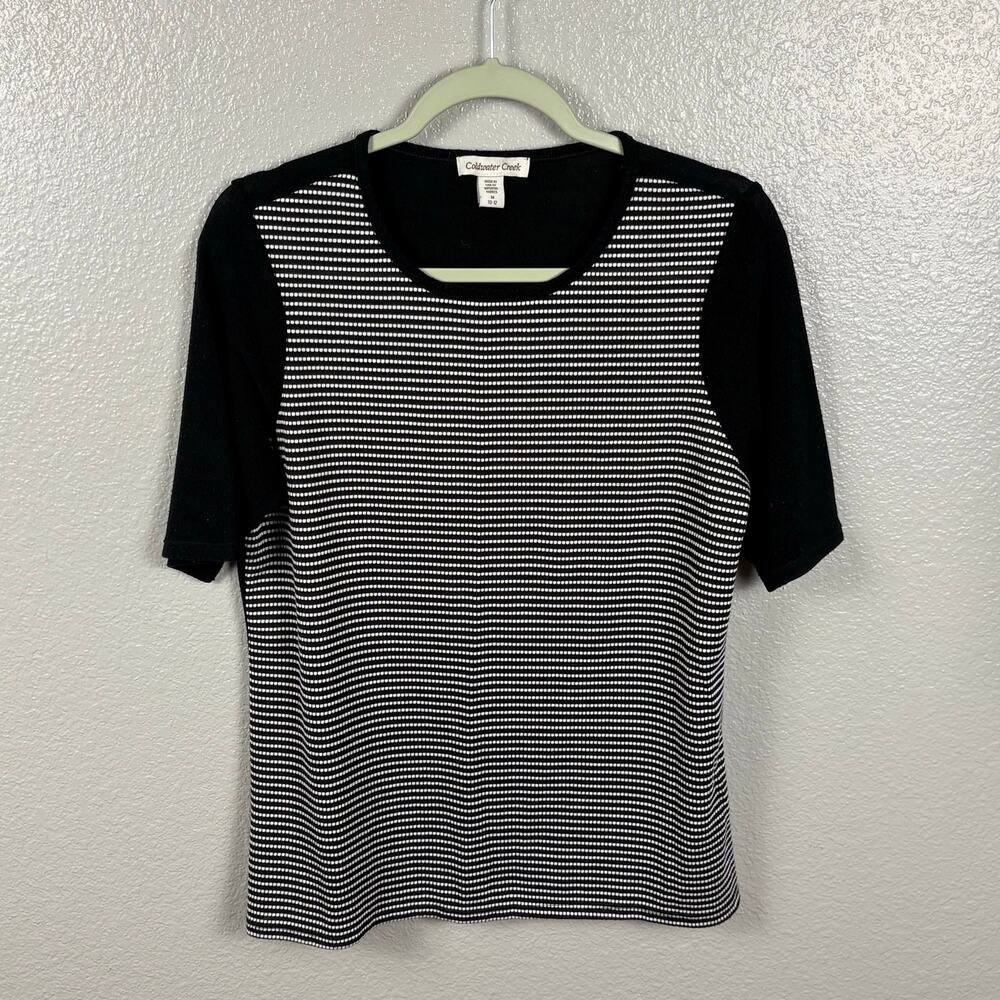 Coldwater Creek Size M 10-12 Black White Striped Short Sleeve Shirt Top Blouse - Picture 1 of 4